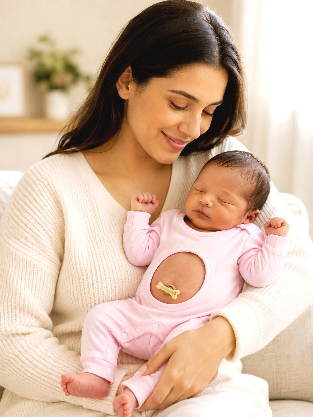 Woman holding a baby in a pink infant fit jumpsuit. 